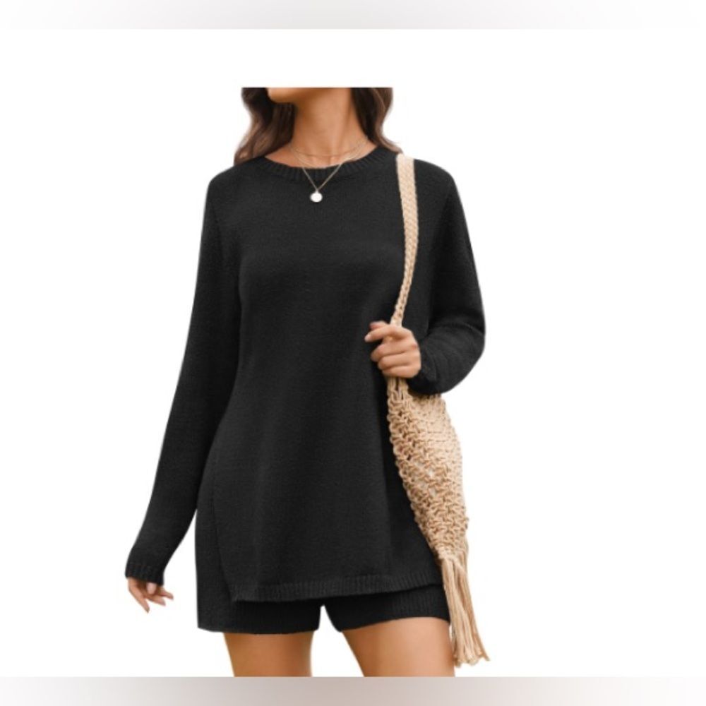 Women's 2pcs Long Sleeve Casual Tunic Sweater & Shorts Knit Lounge Set Xl black